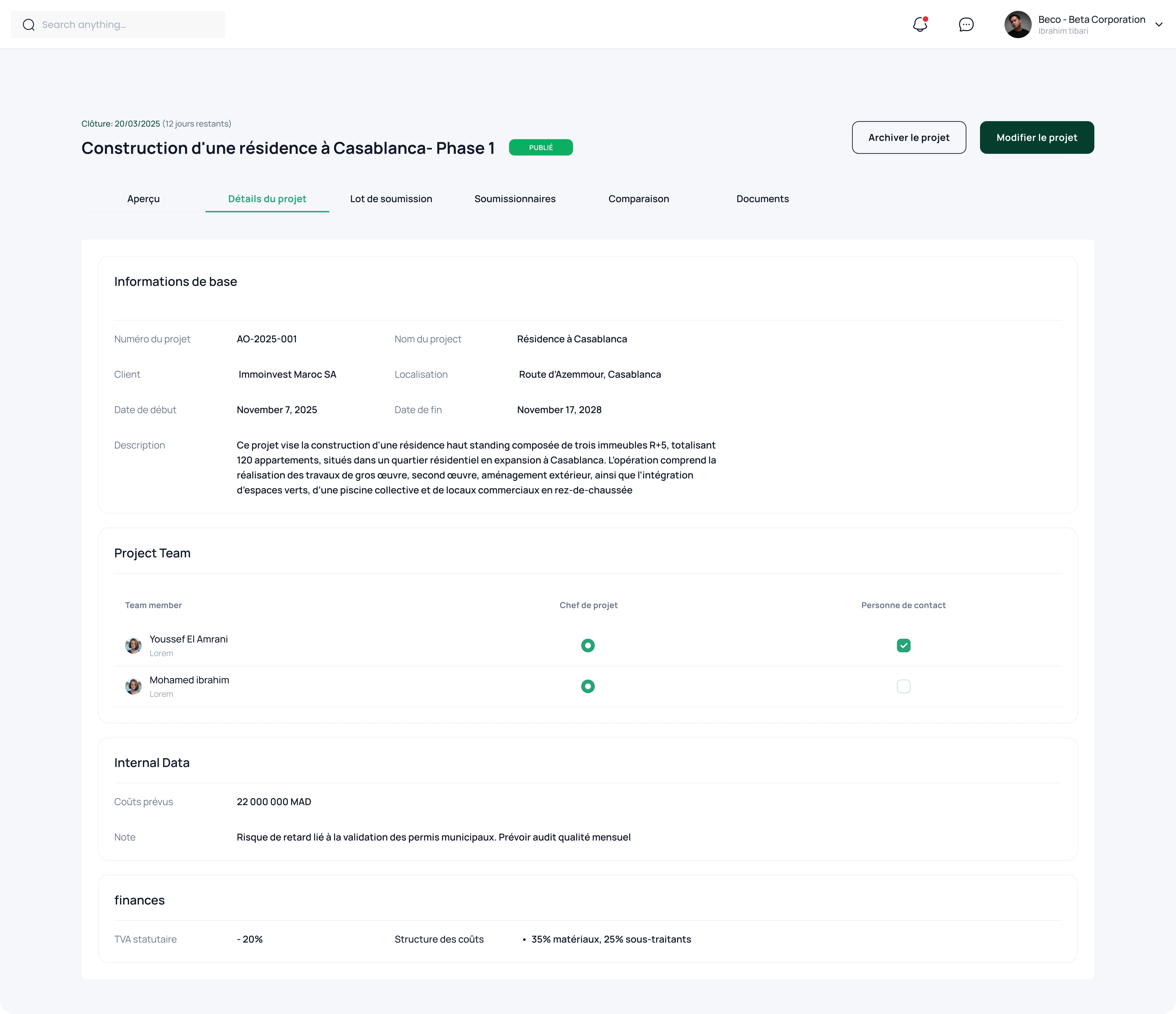 marchesprives détails projet - Vue complète d'un appel d'offres BTP avec évaluation des soumissions