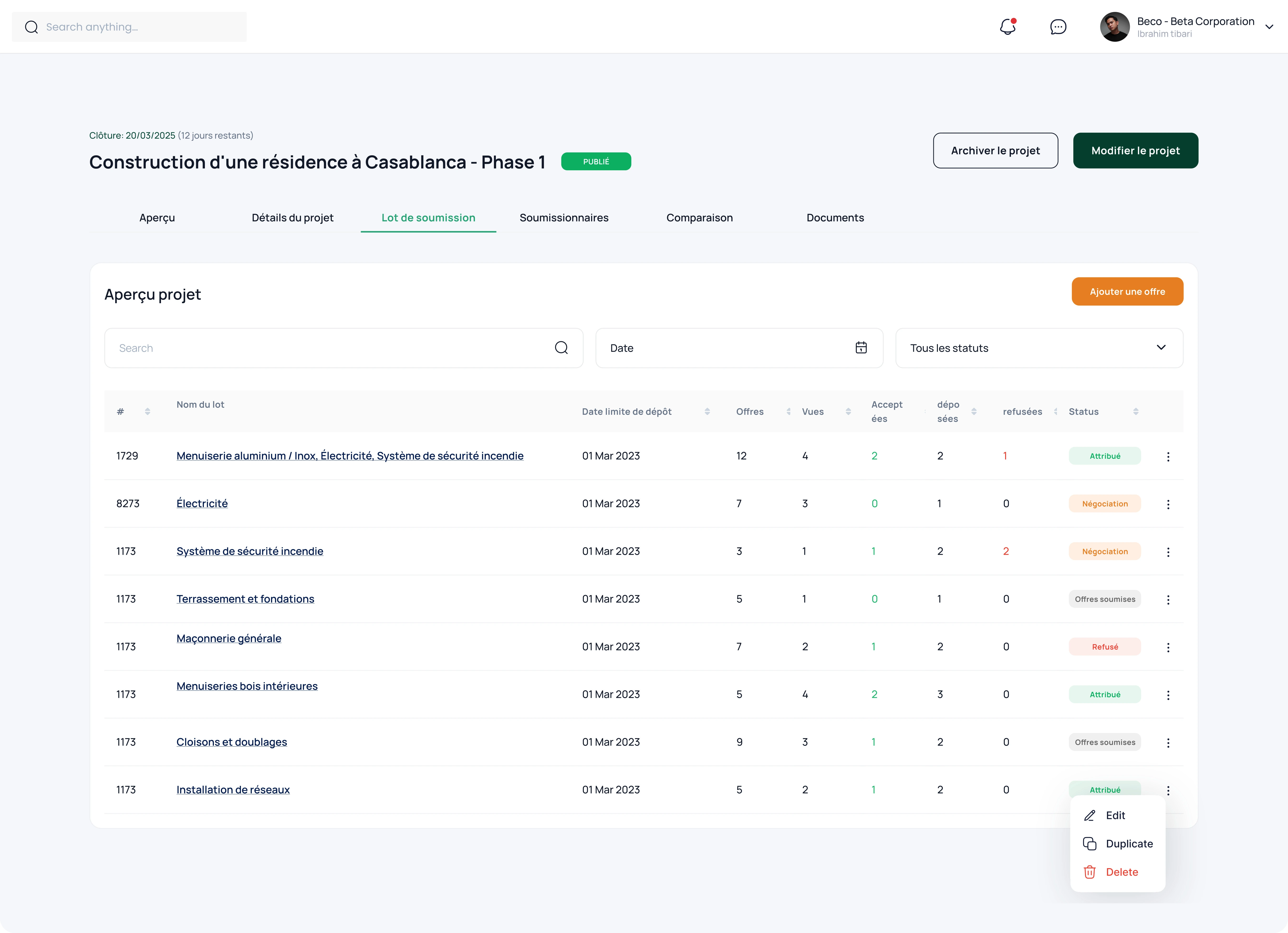 marchesprives interface projets - Liste des appels d'offres construction avec métré et bordereau de prix